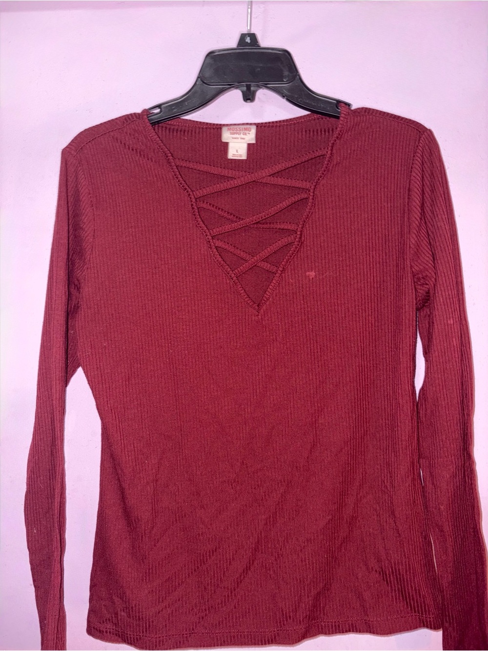 Mossimo Supply Co. Ribbed Crisscross V-Neck Long Sleeve Top - Burgundy
